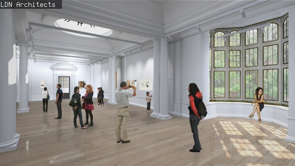 An artist's impression of a redeveloped gallery space at the Hatton Gallery. The room is white with a large bay window and wooden floors 